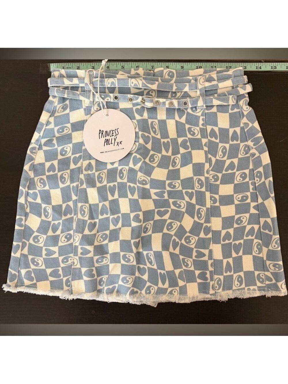 Princess Polly Alien Denim Gingham Checkered Yin Yang Hearts Mini Skirt Sz 2